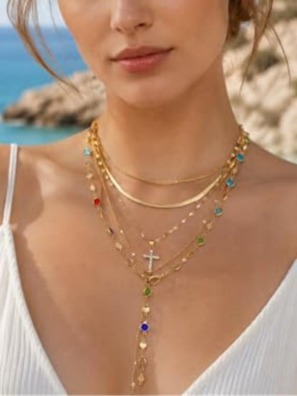 4 Pc Gold Tone Layered Y Necklace Set Multicolor Crystal Heart Stackable